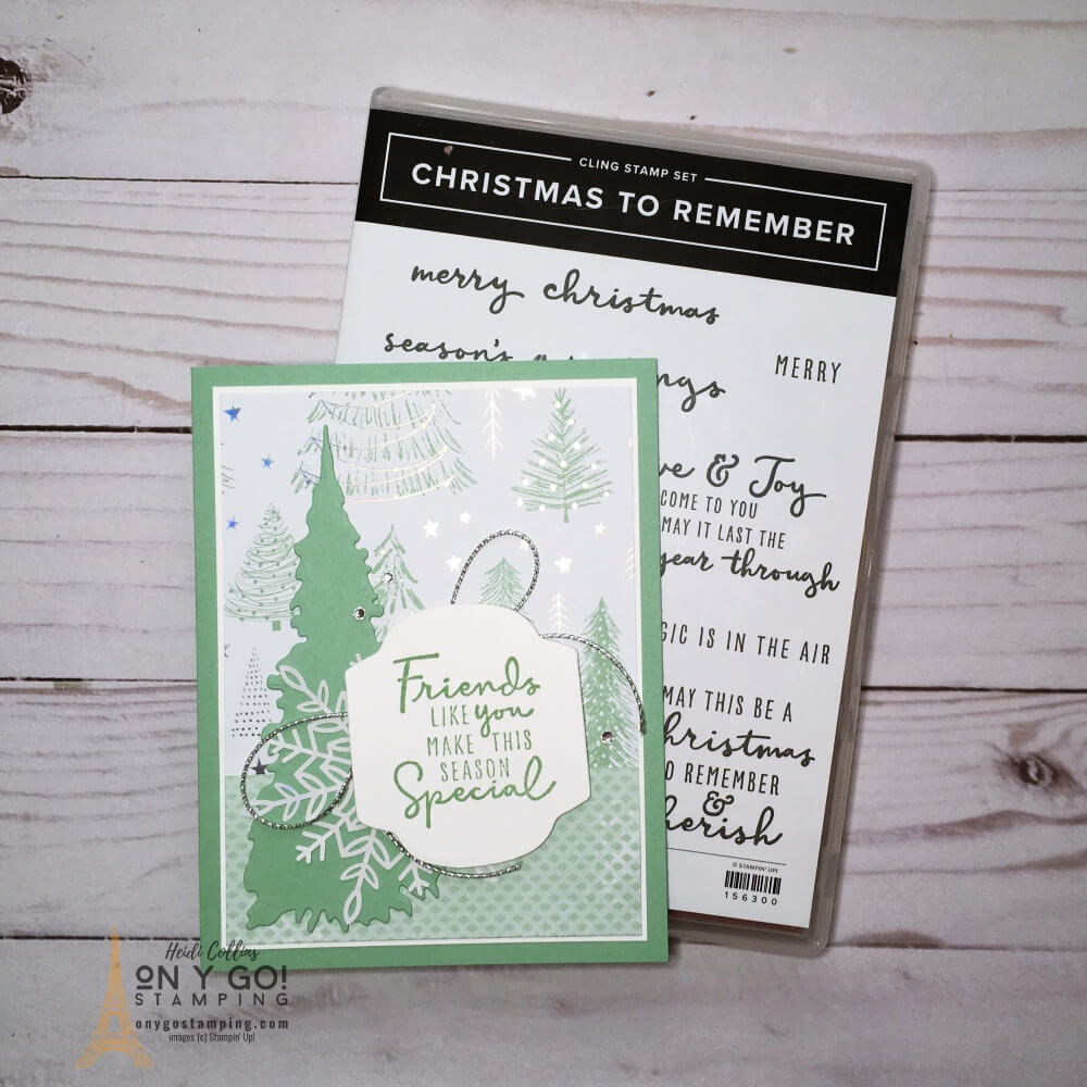 Elegant Christmas card idea with the Whimsy and Wonder patterned paper and Christmas to Remember stamp set. See more samples!
