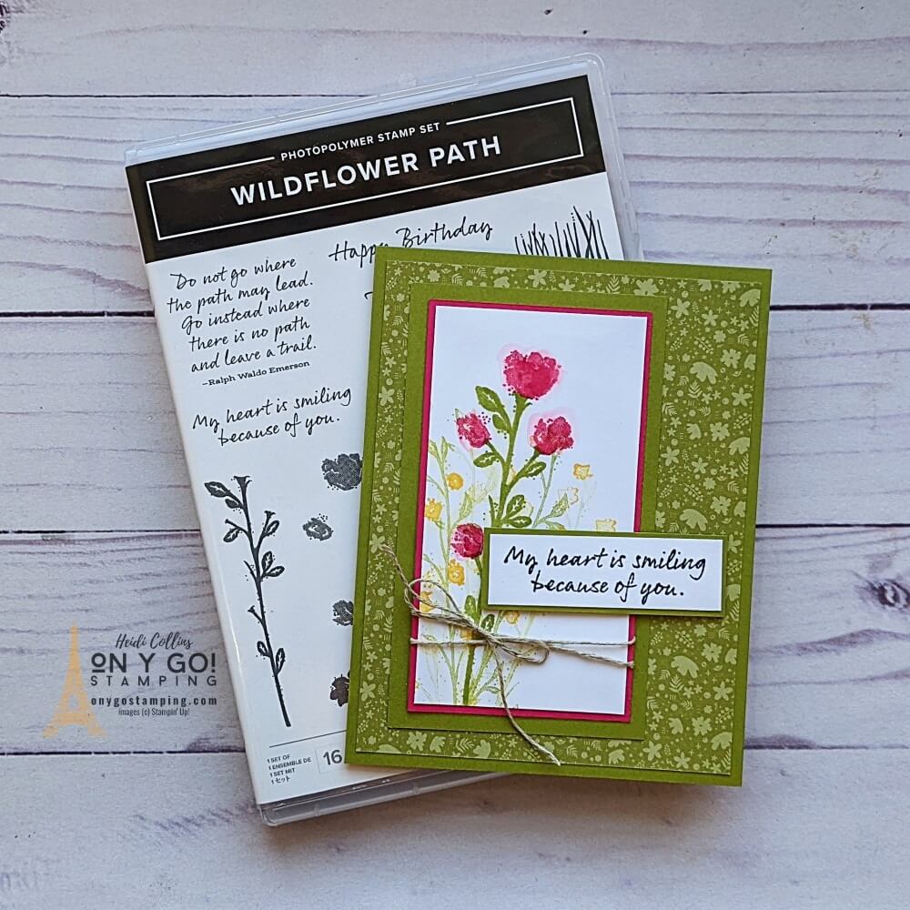Add a touch of watercolor to the images from the Wildflower Path stamp set from Stampin' Up! by brushing them with water after you stamp. See the video tutorial and more watercoloring techniques. 