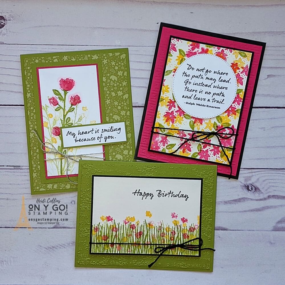 3 great faux watercolor techniques with the Wildflower Path stamp set from Stampin' Up! Includes cutting dimensions and a video tutorial. 