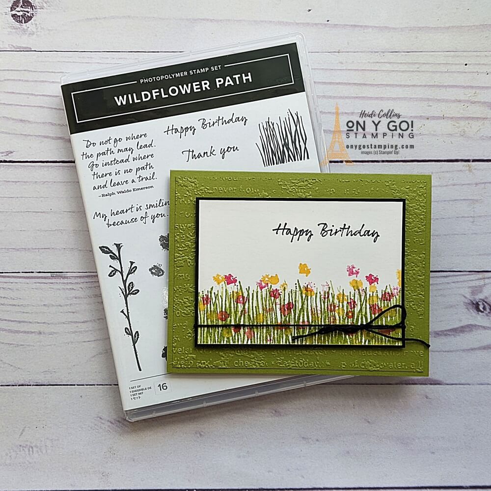 Create a watercolor look with the Wildflower Path stamp set by inking your stamps and then spritzing with water before stamping. See more faux watercoloring techniques and video tutorial!