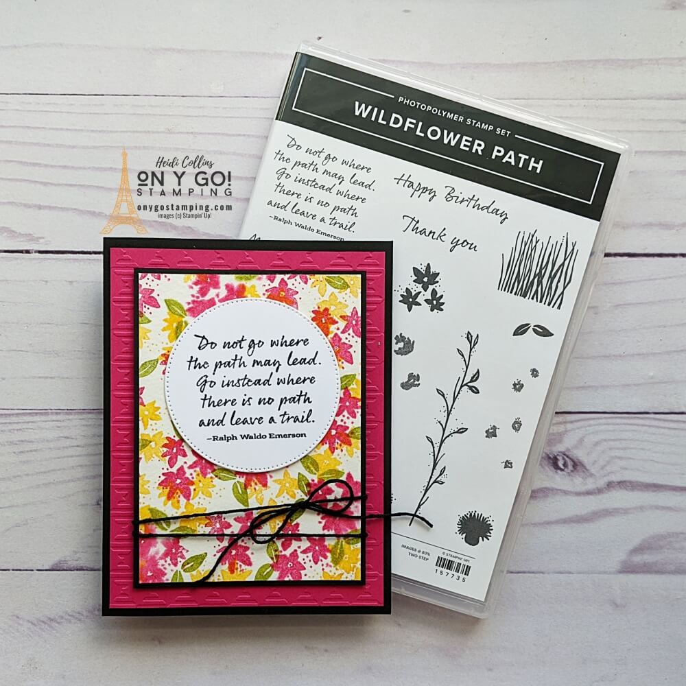 Use the Wildflower Path stamp set from Stampin' Up! to create a faux watercolor look by brushing your paper with water and then stamping onto it. See more faux watercoloring techniques and a video tutorial. 