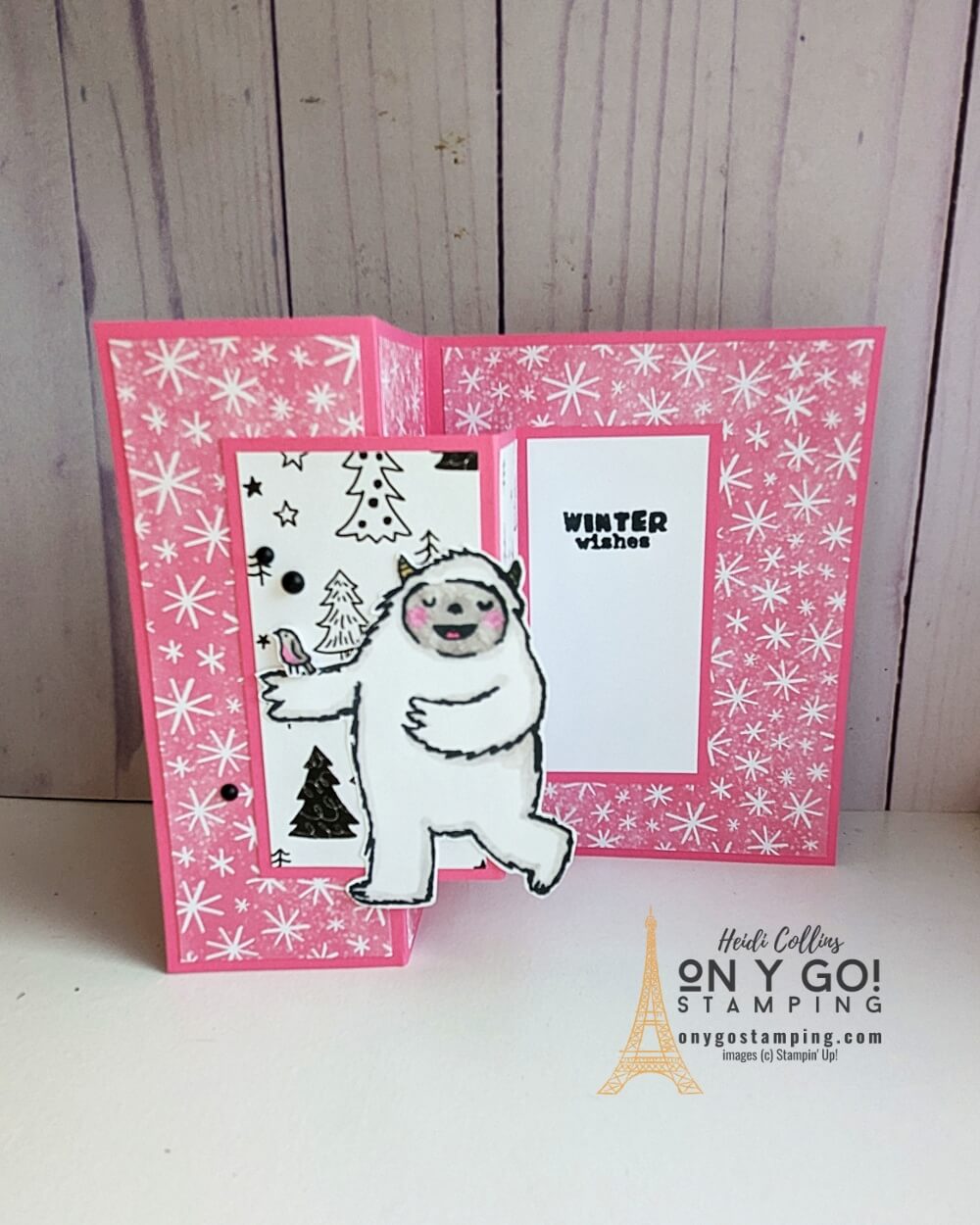 Fun fold holiday card with the Yeti to Party stamp set and the Celebrate Everything patterned paper from Stampin' Up! This handmade Christmas card uses non-traditional colors in pink, black, and white. 