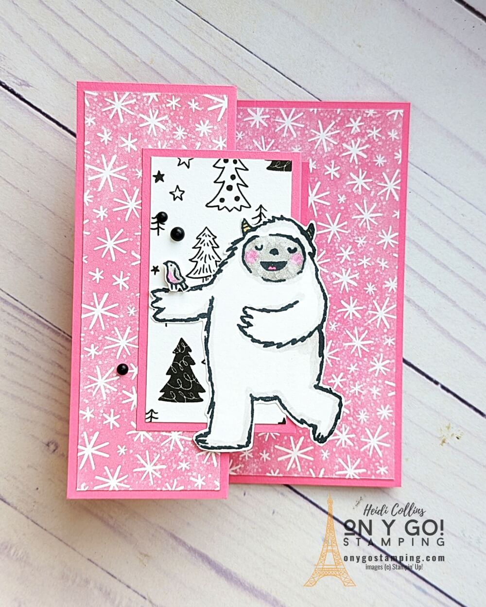 Fun fold Christmas card with the Yeti to Party stamp set from Stampin' Up!® and the Celebrate Everything patterned paper. 