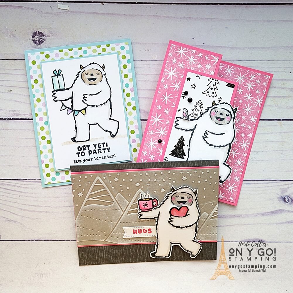 Handmade cards for winter with the Yeti to Party stamp set from Stampin' Up! This yeti isn't just for Christmas cards, he's great for birthday cards, thinking of you cards, and more!
