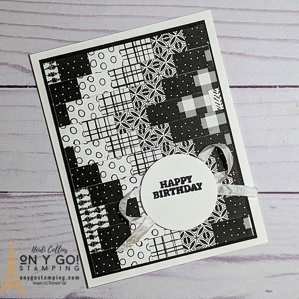 Black and white birthday card idea using the bargello cardmaking technique and paper scraps from the Pattern Party Designer Series Paper pack from Stampin' Up! See more samples and video tutorial.