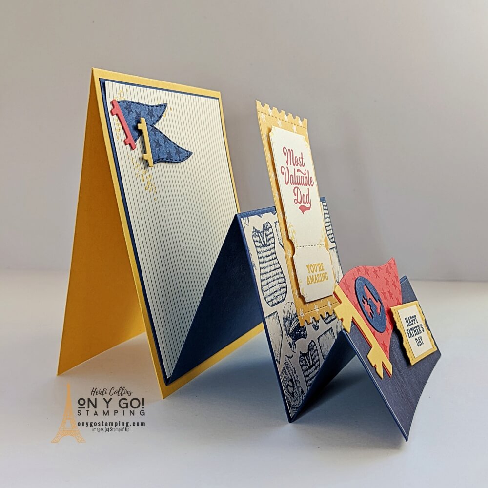 Side view of a fun fold card idea using the Your Biggest Fan stamp set, Sports Event dies, and Hey Sports Fan patterned paper from Stampin' Up!®