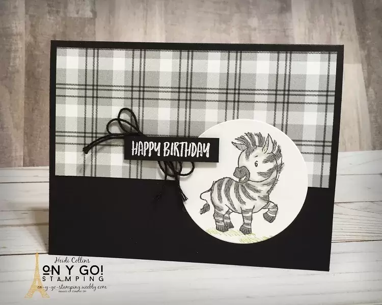 Handmade birthday card using the Zany Zebras stamp set and Plaid Tidings patterned paper from Stampin' Up!